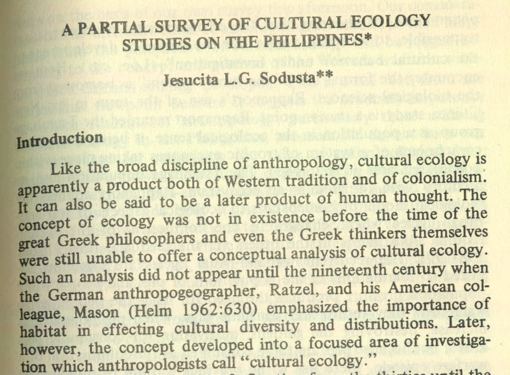 a partial survey of cultural ecology studies on the Philippines