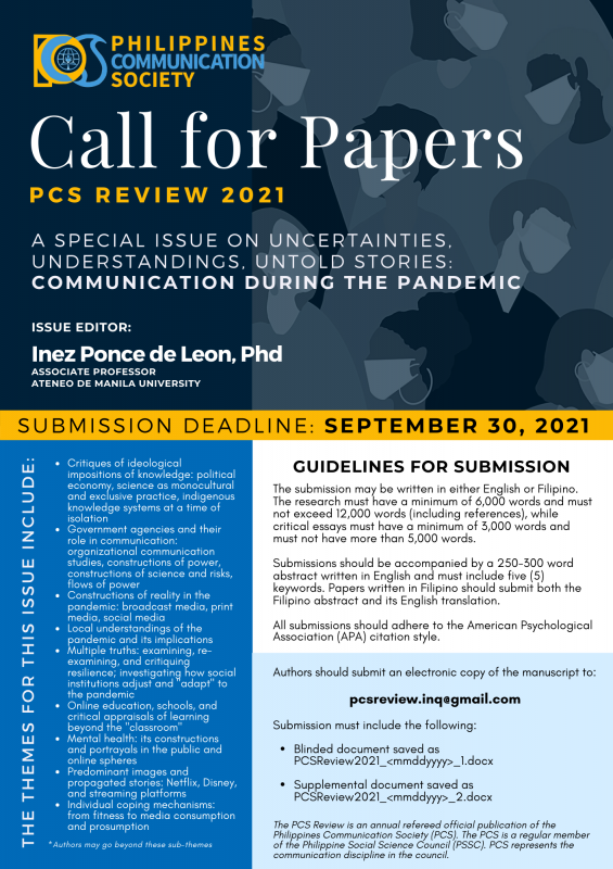 CALL FOR PAPERS PCS Review 2021 Philippine Social Science Council